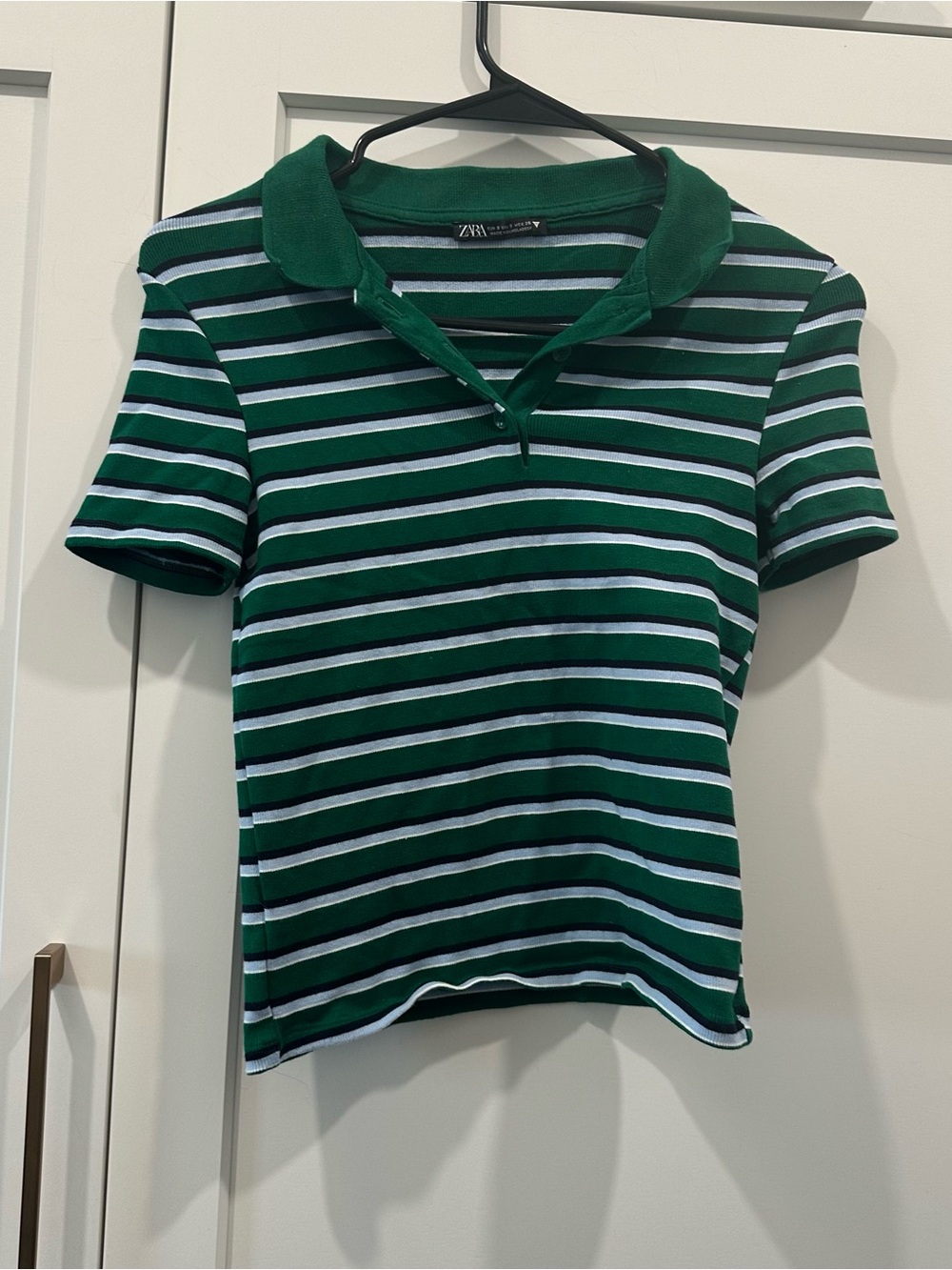 Zara Green and White Striped Polo Top